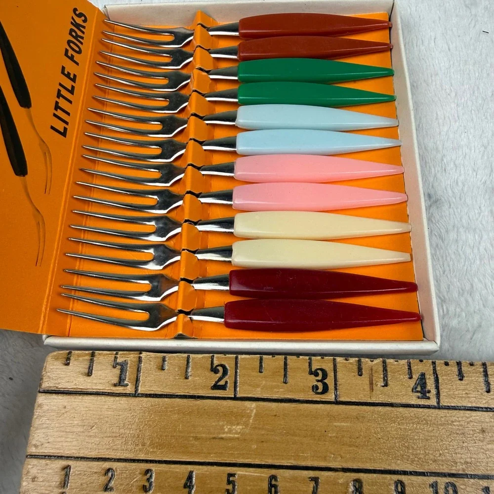 Vintage Little Fork Stainless Steel Appetizer Set 12pc Multi Color Mid Century